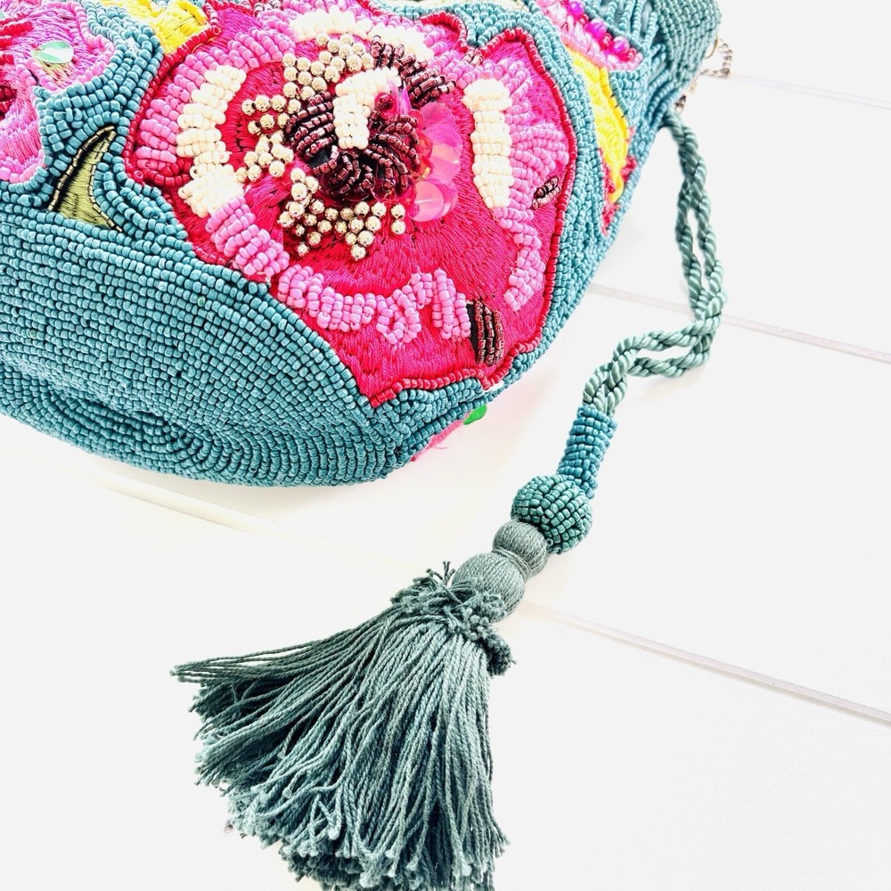 TikTok Viral India Beaded Bucket Bag Floral Embroidered Tassels Teal Crossbody - Picture 4 of 11
